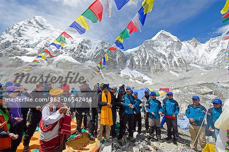 Asia, Nepal, Himalayas, Sagarmatha National Park, Solu Khumbu Everest Region, a puja ceremony at Everest Base Camp