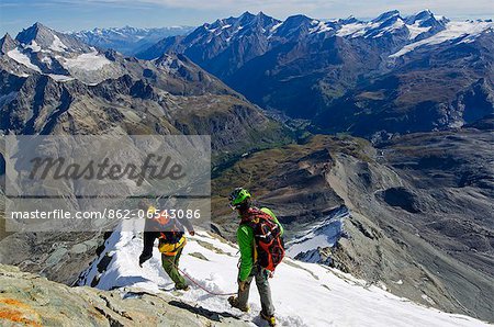Europe, Switzerland, Swiss Alps, Valais, Zermatt, climber on The Matterhorn , 4478m,