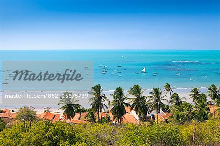 South America, Brazil, Ceara, Ponta Grossa, view of jangadas moored on an aquamarine coral sea in front of a palm tree fringed white sand beach