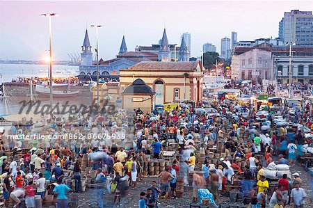 South America, Brazil, Para, Amazon, the morning acai market outside in Belem, which takes place outside the Ver o Peso market, on the waterfront of Guajara Bay