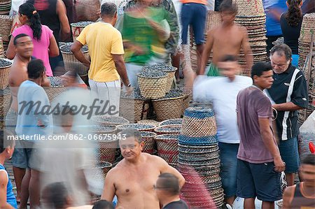 South America, Brazil, Para, Amazon, the morning acai market outside in Belem, which takes place outside the Ver o Peso market, on the waterfront of Guajara Bay