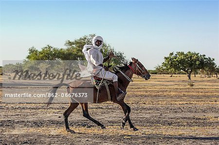 Chad, Kanem, Bahr el Ghazal, Sahel. A Kanembu horseman gallops home.