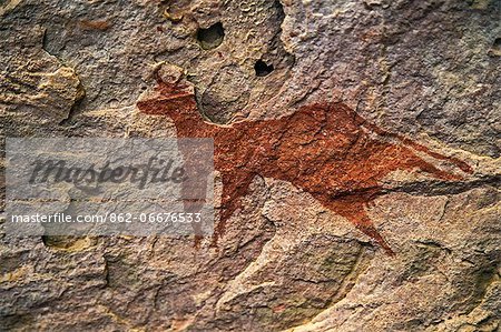 Chad, Terkei West, Ennedi, Sahara.  An interesting ancient painting of a cow with its rear perspective twisted to reveal the teats of its udder.