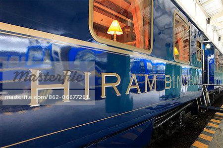 South America, Peru, Cusco, Sacred Valley. The luxurious Orient Express Hiram Bingham train which runs between Cusco, Poroy, and Machu Picchu via Ollantaytambo