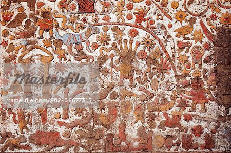 South America, Peru, La Libertad, Trujillo, detail of a mural on the Moche Temple of the Moon showing what is thought be either the Moche creation myth or a cosmological map