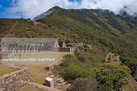 South America, Peru, Cusco, Choquequirao. The plaza principal, main square, and wasi houses at the Inca city of Choquequirao built by Tupac Inca Yupanqui and Huayna Capac and situated above the Apurimac valley with mountains of the Salkantay range