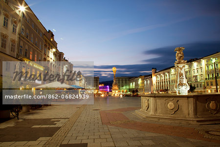 Central Europe, Austria, Linz. The main square in the historical centre at night