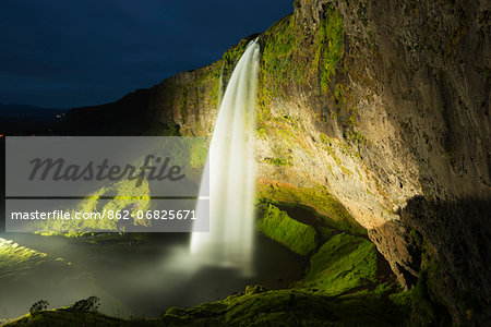 Iceland, southern region, Seljalandsfoss waterfall, sunset