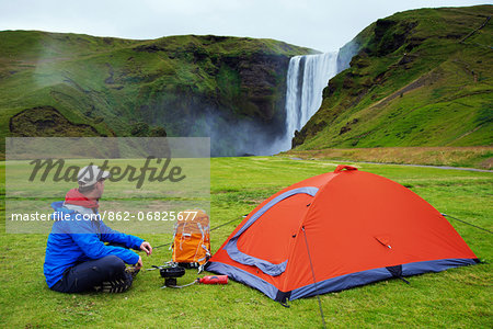 Iceland, southern region, camping at Skogafoss waterfall (MR)