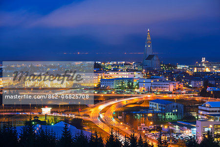 Europe, Iceland, Reykjavik, night time city view