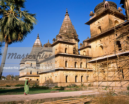 Asia, India, Madhya Pradesh, Orchha.  Chhatris, cenotaphs to Orchha's rulers, located by the Betwa River.