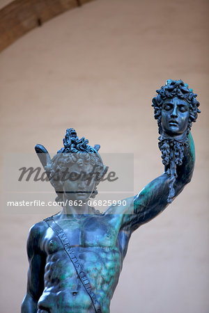 Italy, Tuscany, Florence. Detail of Perseus with the head of the medusa in Piazza della Signoria, sculpted by the famed Benvenuto Cellini. (UNESCO)