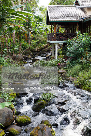 Laos, Bolaven Plateau.  A guest chalet at the Sinouk Coffee Plantation and Botanic Gardens.
