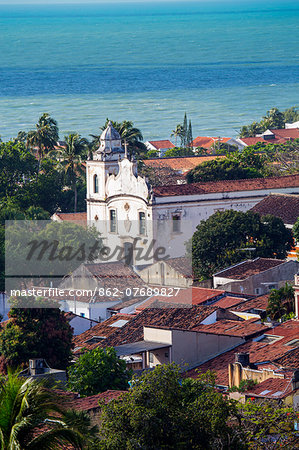 South America, Brazil, Pernambuco, Olinda, view of Olinda showing the 18th Century portuguese baroque church of St. Peter the Apostle (Igreja de Sao Pedro Apostolo) and colonial houses in the UNESCO world heritage listed old portuguese colonial town centre