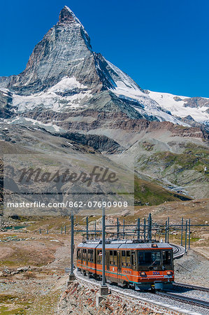 A train of the Gornergratbahn rack railway with Matterhorn behind, Zermatt, Valais, Switzerland