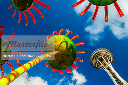 The Sonic Bloom solar-powered art installation with Space Needle behind, Pacific Science Center, Seattle, Washington, USA