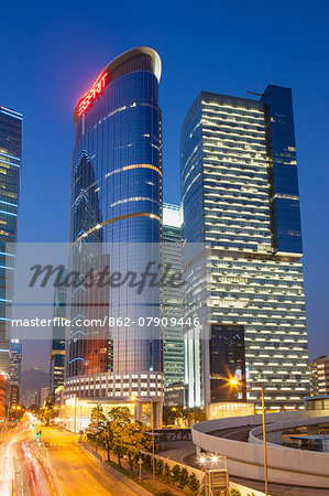 Entreprise Square Three at dusk, Kowloon Bay, Kowloon, Hong Kong