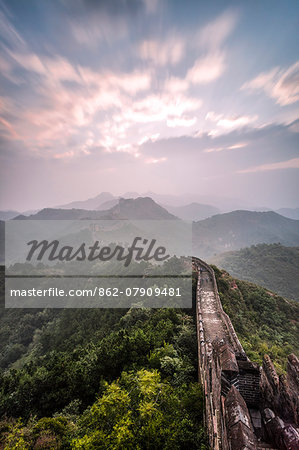 Hebei, China. The Great wall of China, Jinshanling section, at sunrise, long exposure