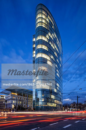The landmark eliiptical commercial office building GAP 15 designed by JSK architects at twighligh located at Graf Adolf Platz  in Dusseldorf, North Rhine Westphalia, Germany.