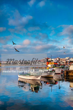 View from fishing harbour towards old town, Lagos, Algarve, Portugal