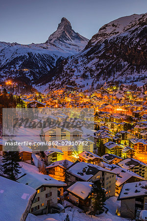 Night skyline with Matterhorn behind, Zermatt, Wallis or Valais, Switzerland Night skyline with Matterhorn behind, Zermatt, Wallis or Valais, Switzerland