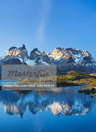 Chile, Torres del Paine, Magallanes Province. The principal attraction of the Torres del Paine National Park is the Paine massif with its granite spires and the contrasting igneous, sedimentary and metamorphic rocks of Ceurnos de Paine.