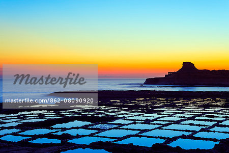 Mediterranean Europe, Malta, Gozo Island, salt pans at sunrise, Xwejni Bay