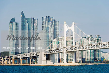 Asia, Republic of Korea, South Korea, Busan, city skyline and Gwangang bridge