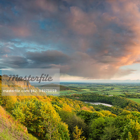 United Kingdom, England, North Yorkshire, Sutton Bank. The classic view of Lake Gormire from Whitestone Cliffs in Spring.