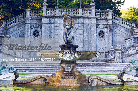 Tremezzo, Como lake, Lombardy, Italy. Water fountain sculpture.