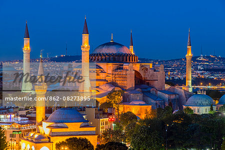 Night top view over Hagia Sophia, Sultanahmet, Istanbul, Turkey