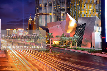 USA,Nevada,Las Vegas, The Las Vegas Strip at night near the city center development and New York New York Casino in the distance