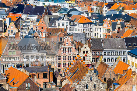 Belgium, Flanders, Ghent (Gent). High angle view of Flemish buildings in old town center.