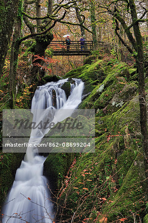 England, Cumbria, Ambleside. Person with an umbrella on the bridge over Stock Ghyll Force waterfall. MR