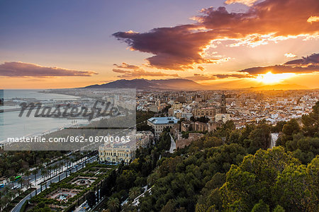 City skyline at sunset, Malaga, Andalusia, Spain