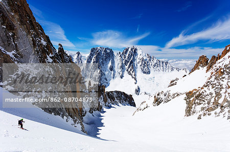 Europe, France, Haute Savoie, Rhone Alps, Chamonix, skier on Aiguille de Argentiere Milieu glacier