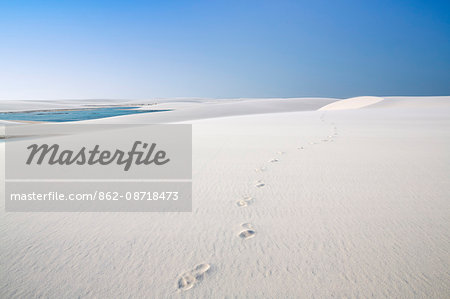 Brazil, Maranhao, Lencois Maranhenses national park, footprints in the dunes in the Rio Negro region near Atins