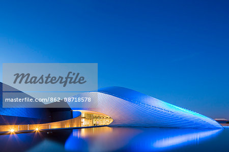 Denmark, Hillerod, Copenhagen, Kastrup. The Blue Planet or National Aquarium Denmark opened in March 2013 and was designed by 3XN Architects. The striking architecture is inspired by the currents of a whirlpool.