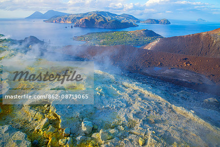 Europe, Italy, Sicily, Aeolian Islands, Vulcano Island, High angle view of , Aeolian Islands from Vulcano island Gran Cratere,