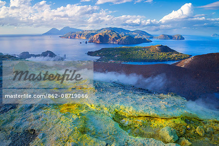 Europe, Italy, Sicily, Aeolian Islands, Vulcano Island, High angle view of , Aeolian Islands from Vulcano island Gran Cratere, Europe, Italy, Sicily, Aeolian Islands, Vulcano Island, High angle view of , Aeolian Islands from Vulcano island Gran Cratere,