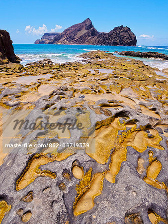 Portugal, Madeira Islands, Porto Santo, Ponta da Calheta, view of the rocky beach of Porto Santo Island.