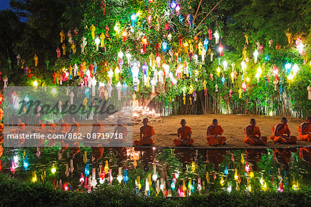 South East Asia, Thailand, Chiang Mai, Wat Phan Tao temple, monks celebrating Loi Kratong festival