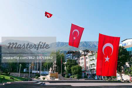 Turkey, Central Anatolia, Amasya, Ataturk Monument and Turkish flags