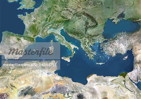 Mediterranean Area, True Colour Satellite Image. Mediterranean Sea. True colour satellite images showing the Mediterranean Sea. Points of interest include the Alps (just above centre, white), the Blakek Sea (centre right), and the Nile Delta (green, lower right). This image was compiled from data acquired by LANDSAT 5 & 7 satellites.