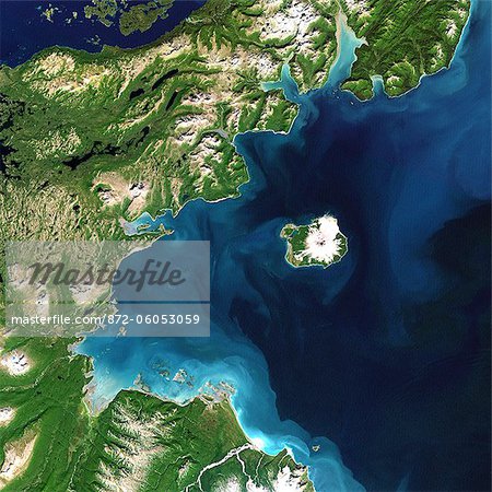 Augustine Volcano, Alaska, Usa, True Colour Satellite Image. Augustine Volcano, Alaska, true colour satellite image. Augustine is a volcano 1227 m high conical-shaped island stratovolcano located in Alaska's Cook Inlet. Image taken on 16 August 2000 using LANDSAT data. Print size 30 x 30 cm.