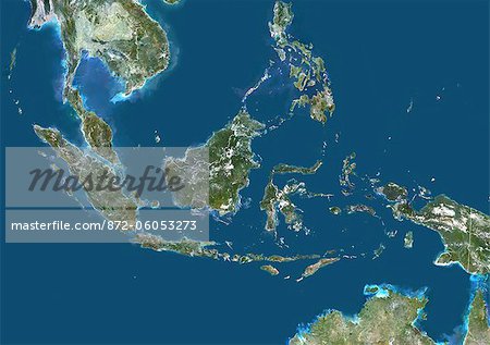 Indonesia, Asia, True Colour Satellite Image With Border. Satellite view of Indonesia (with border). This image was compiled from data acquired by LANDSAT 5 & 7 satellites.