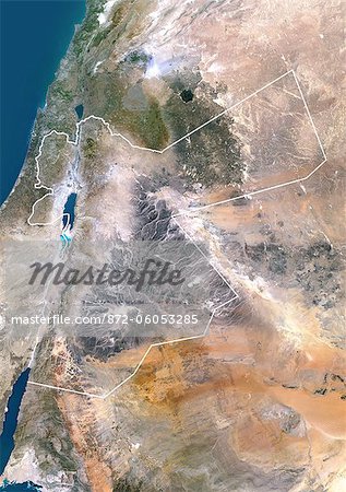 Jordan, Middle East, Asia, True Colour Satellite Image With Border. Satellite view of Jordan (with border). This image was compiled from data acquired by LANDSAT 5 & 7 satellites.