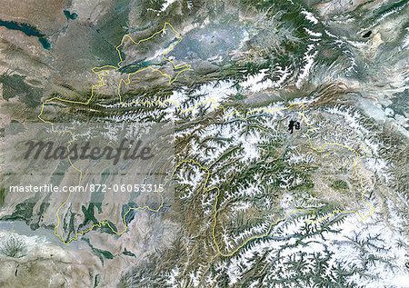 Tajikistan, Asia, True Colour Satellite Image With Border. Satellite view of Tajikistan (with border). This image was compiled from data acquired by LANDSAT 5 & 7 satellites.