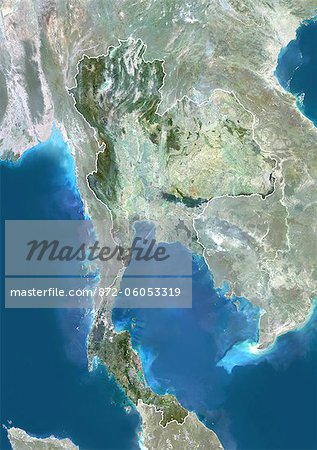 Thailand, Asia, True Colour Satellite Image With Border And Mask. Satellite view of Thailand (with border and mask). This image was compiled from data acquired by LANDSAT 5 & 7 satellites.