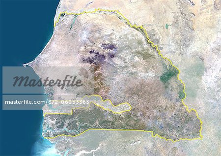 Senegal, Africa, True Colour Satellite Image With Border And Mask. Satellite view of Senegal (with border and mask). This image was compiled from data acquired by LANDSAT 5 & 7 satellites.